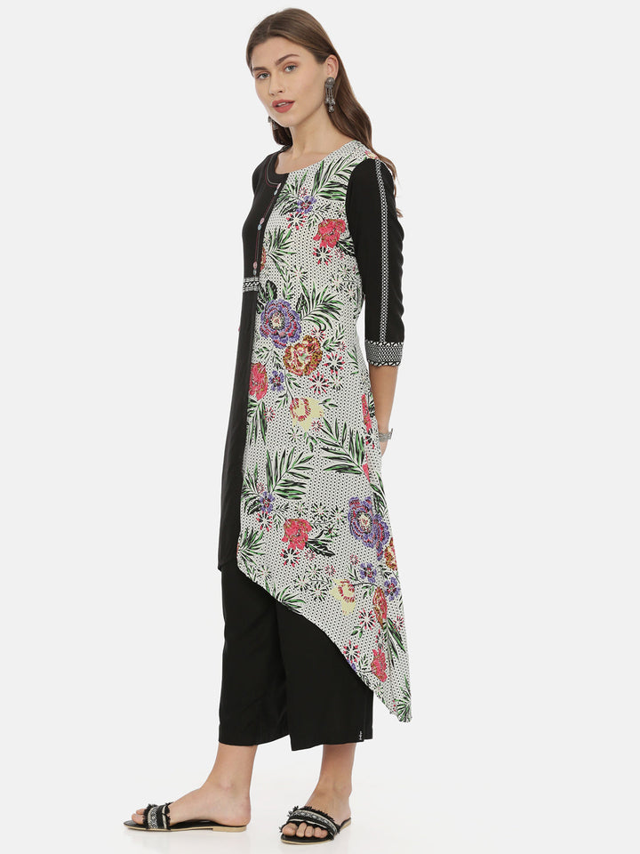Neerus White viscose rayon printed high-low kurti - side view