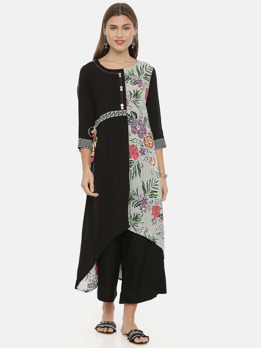 Neerus White viscose rayon printed high-low kurti - detail view 3