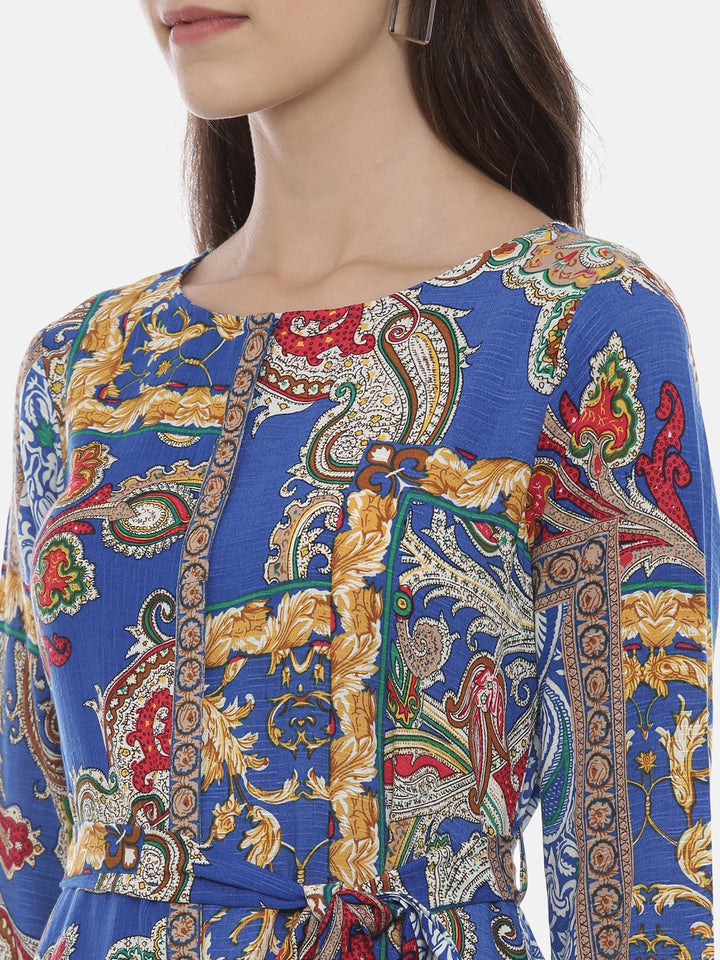 Neerus Blue Rayon Printed High-Low Kurta - back view
