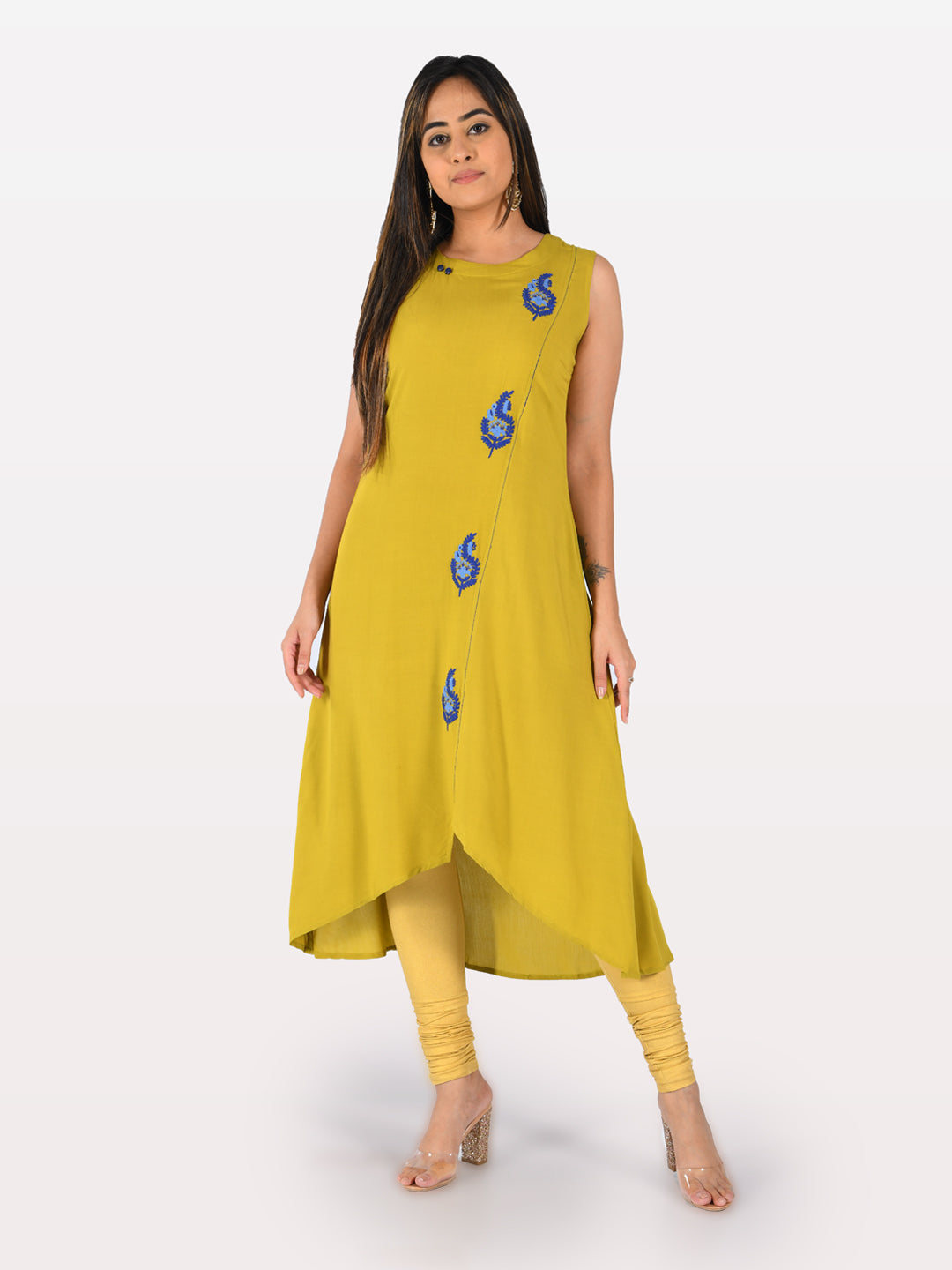 Neerus Green rayon embroidered high-low kurta - detail view 3