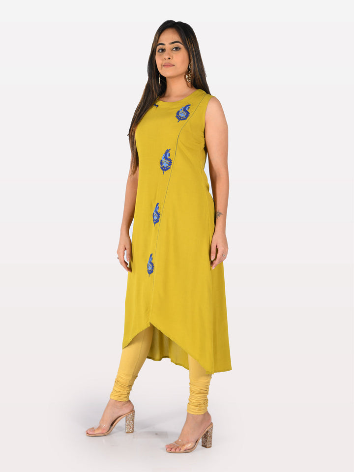 Neerus Green rayon embroidered high-low kurta - front view