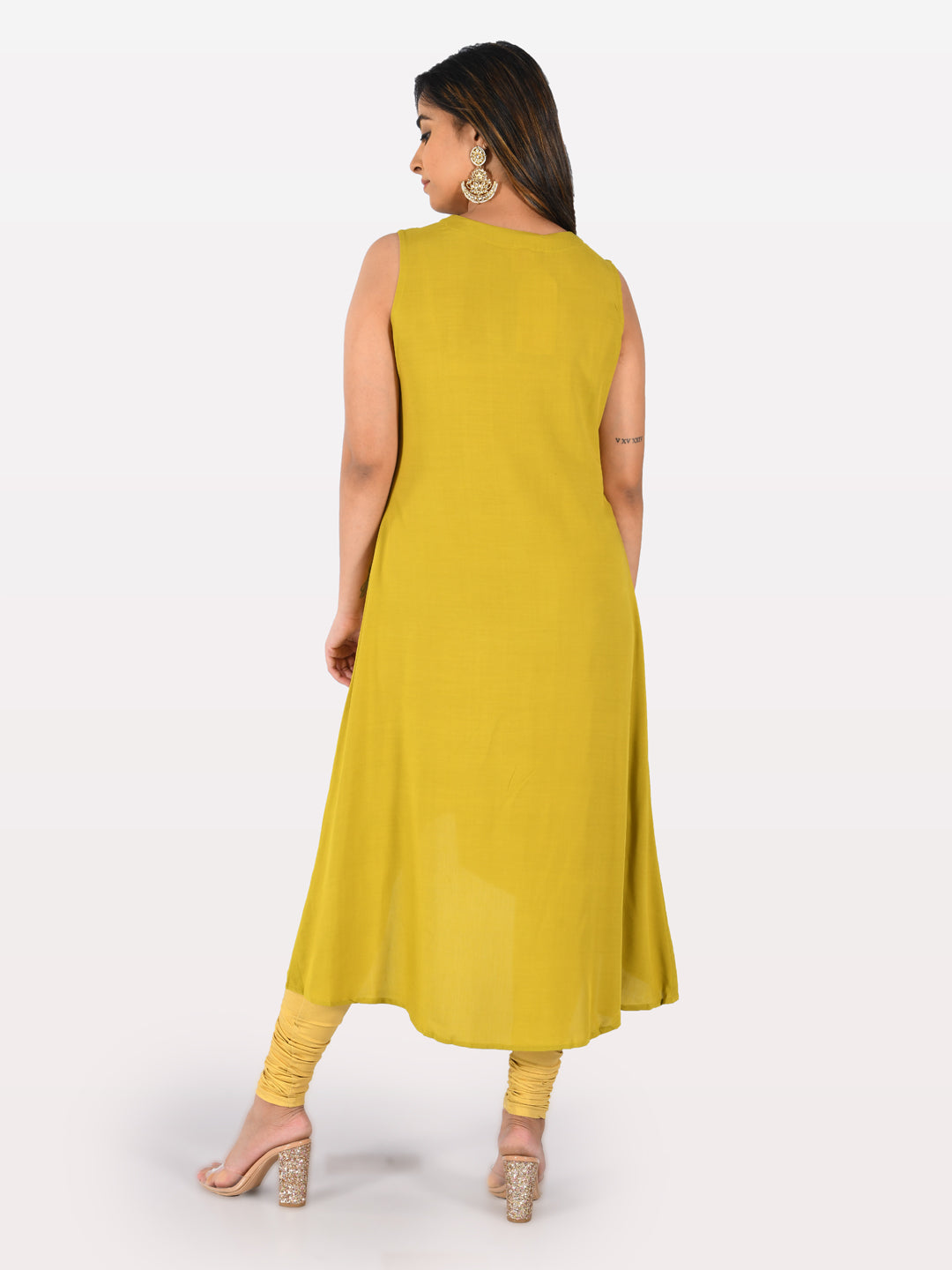 Neerus Green rayon embroidered high-low kurta - side view