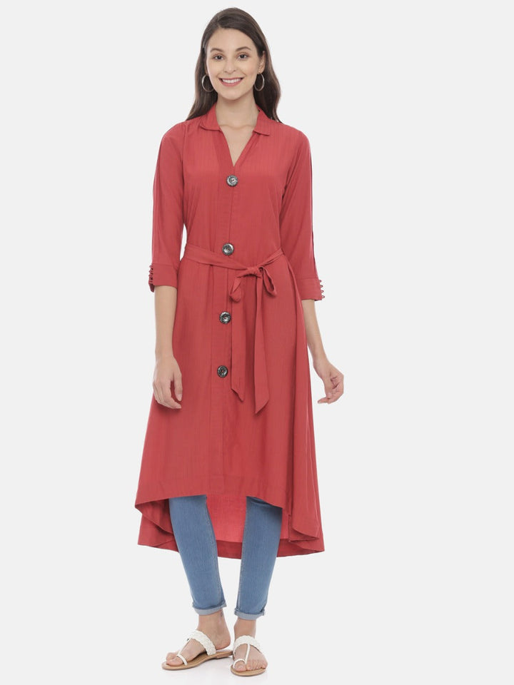 Neerus Red muslin high-low kurta - front view