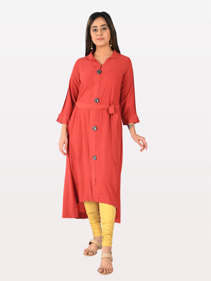 Neerus Red muslin high-low kurta - detail view 4