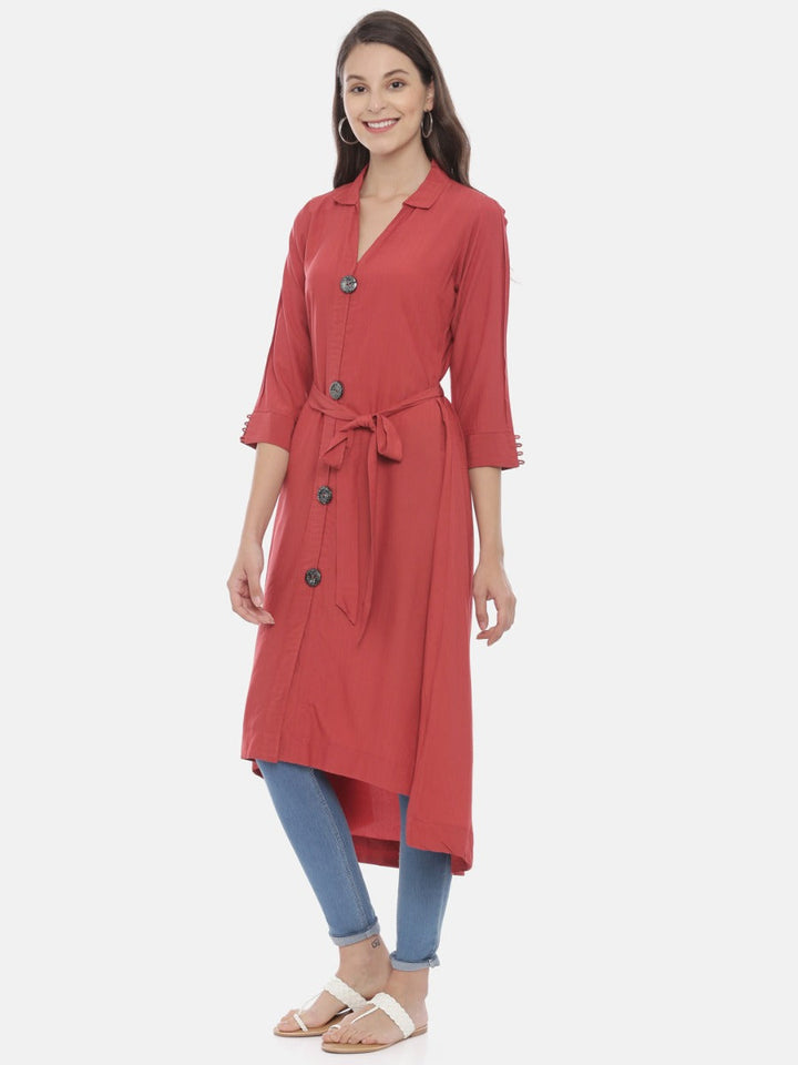 Neerus Red muslin high-low kurta - side view