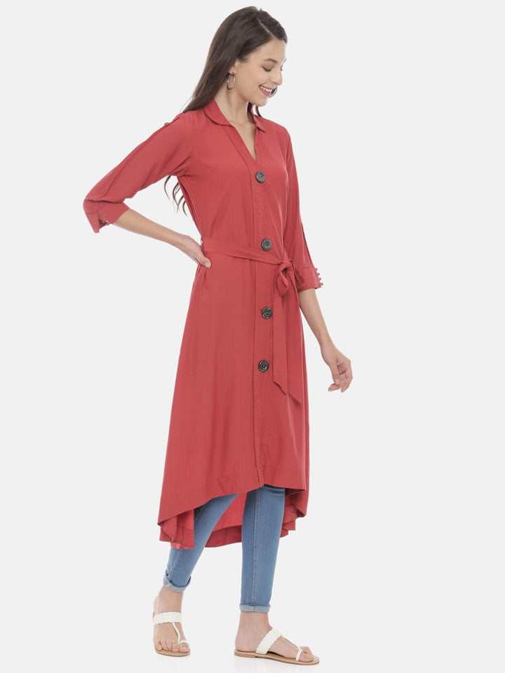 Neerus Red muslin high-low kurta - detail view 1