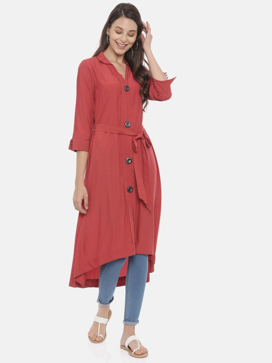 Neerus Red muslin high-low kurta - detail view 3