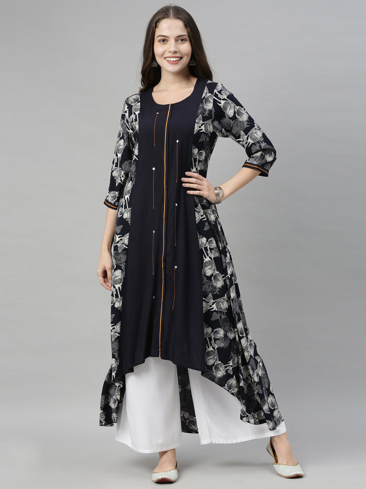 Neerus Blue printed high-low kurta - front view