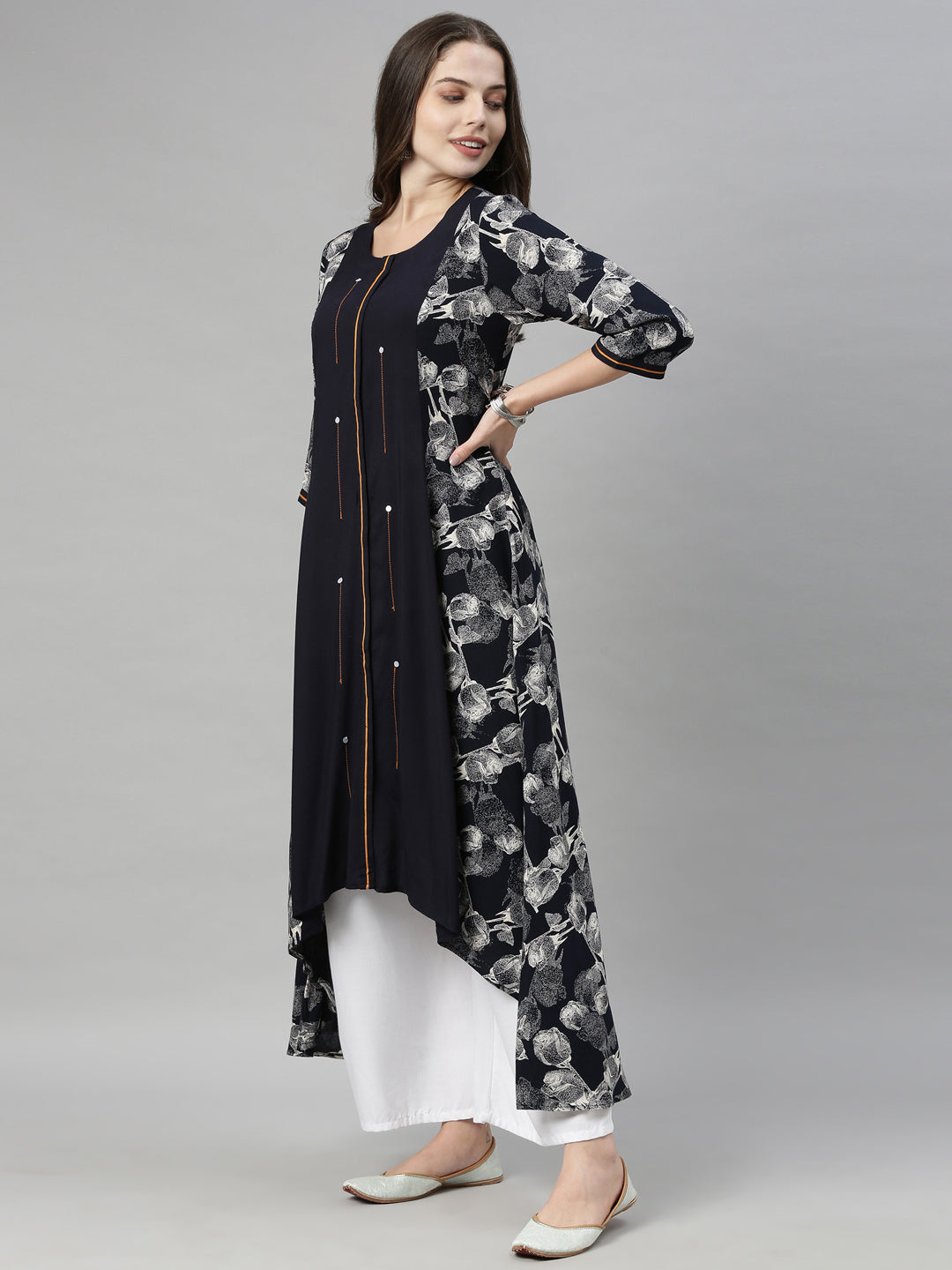 Neerus Blue printed high-low kurta - detail view 2