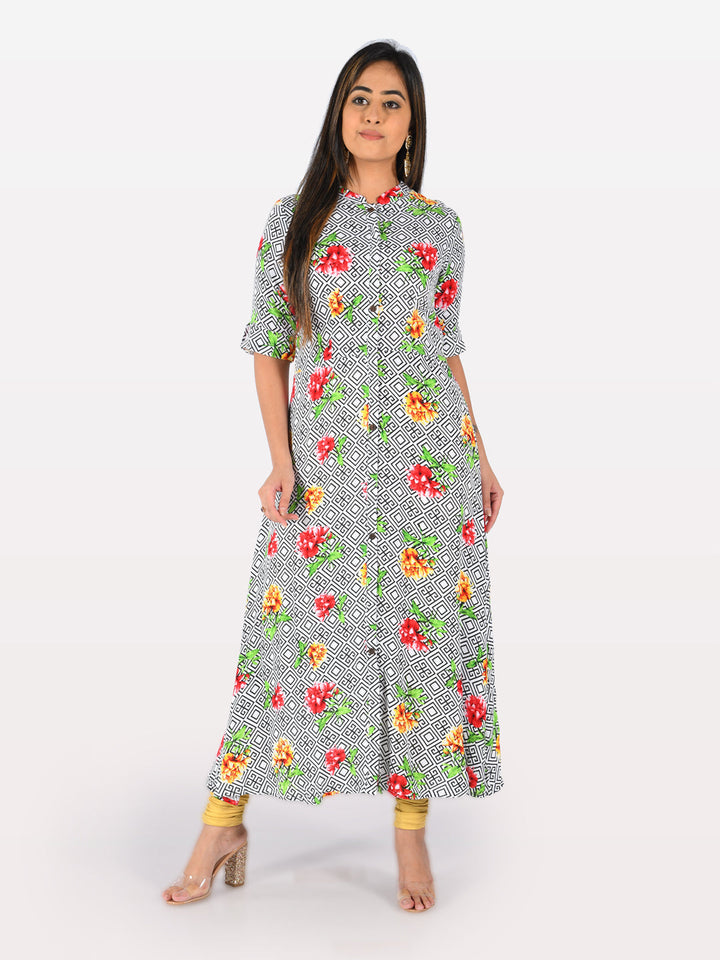 Neerus White modal printed A-line kurti - detail view 2