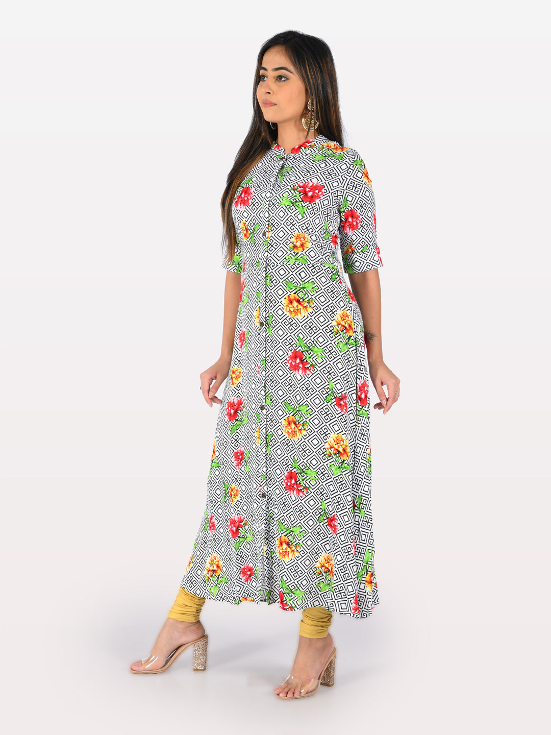 Neerus White modal printed A-line kurti - front view