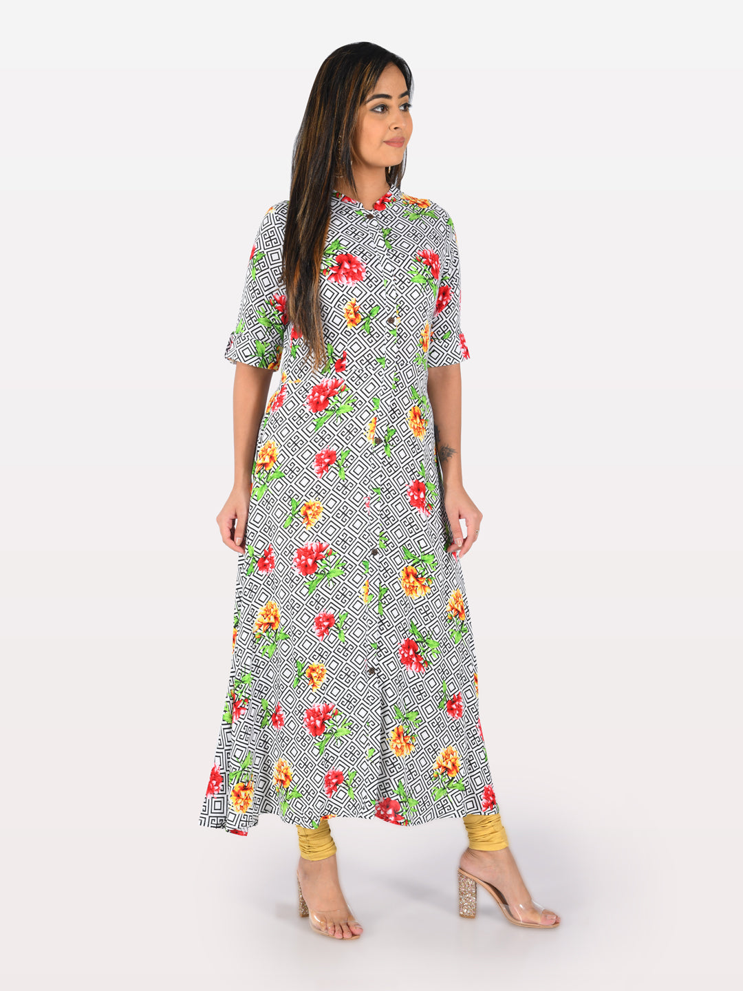 Neerus White modal printed A-line kurti - back view