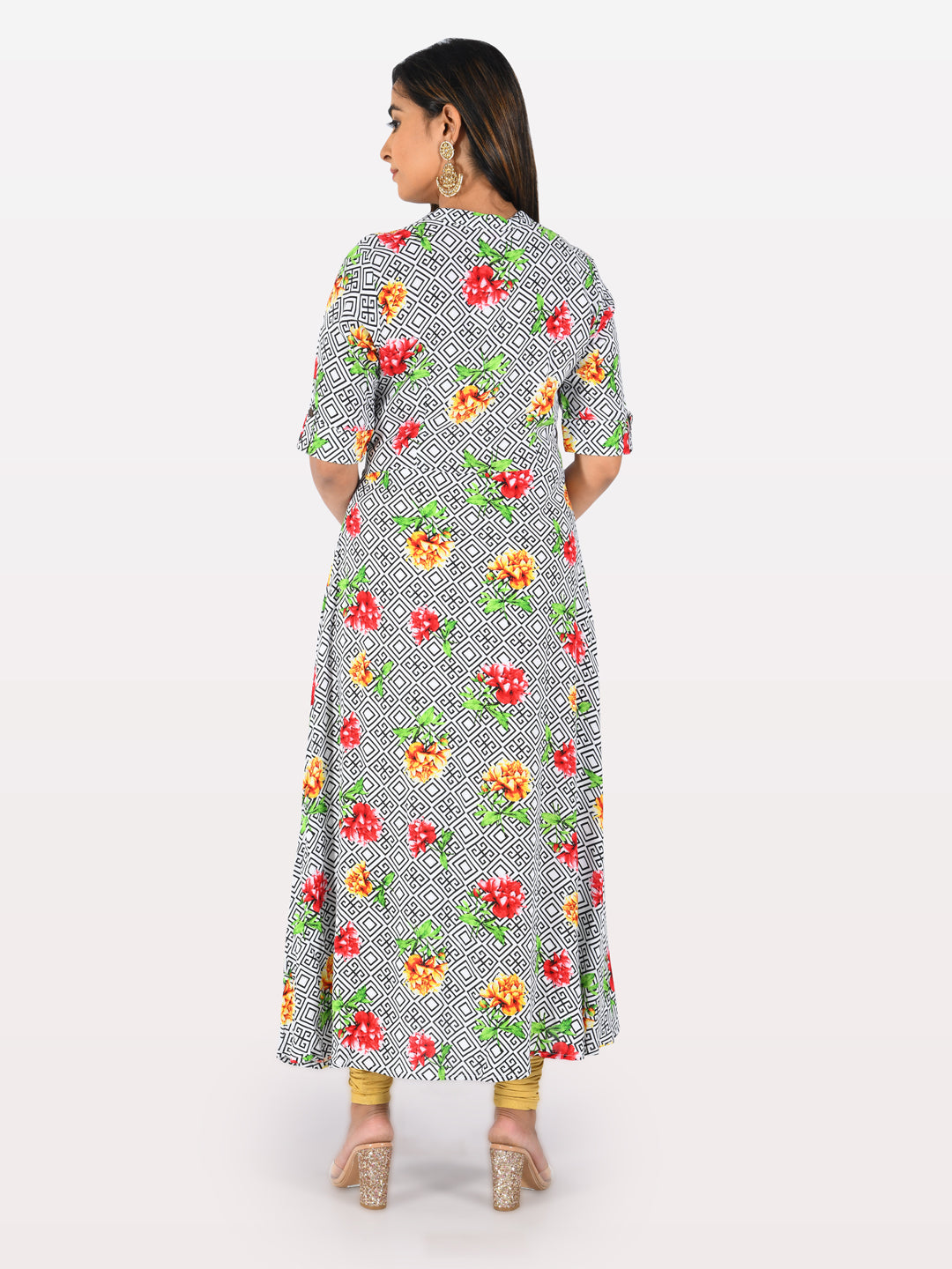 Neerus White modal printed A-line kurti - side view