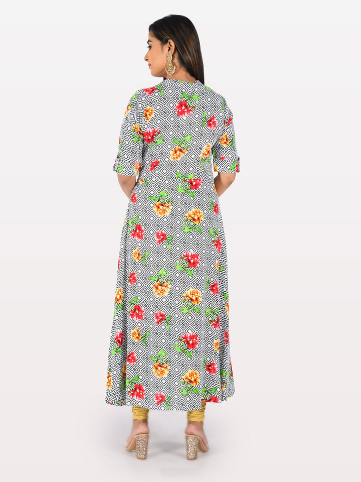 Neerus White modal printed A-line kurti - side view
