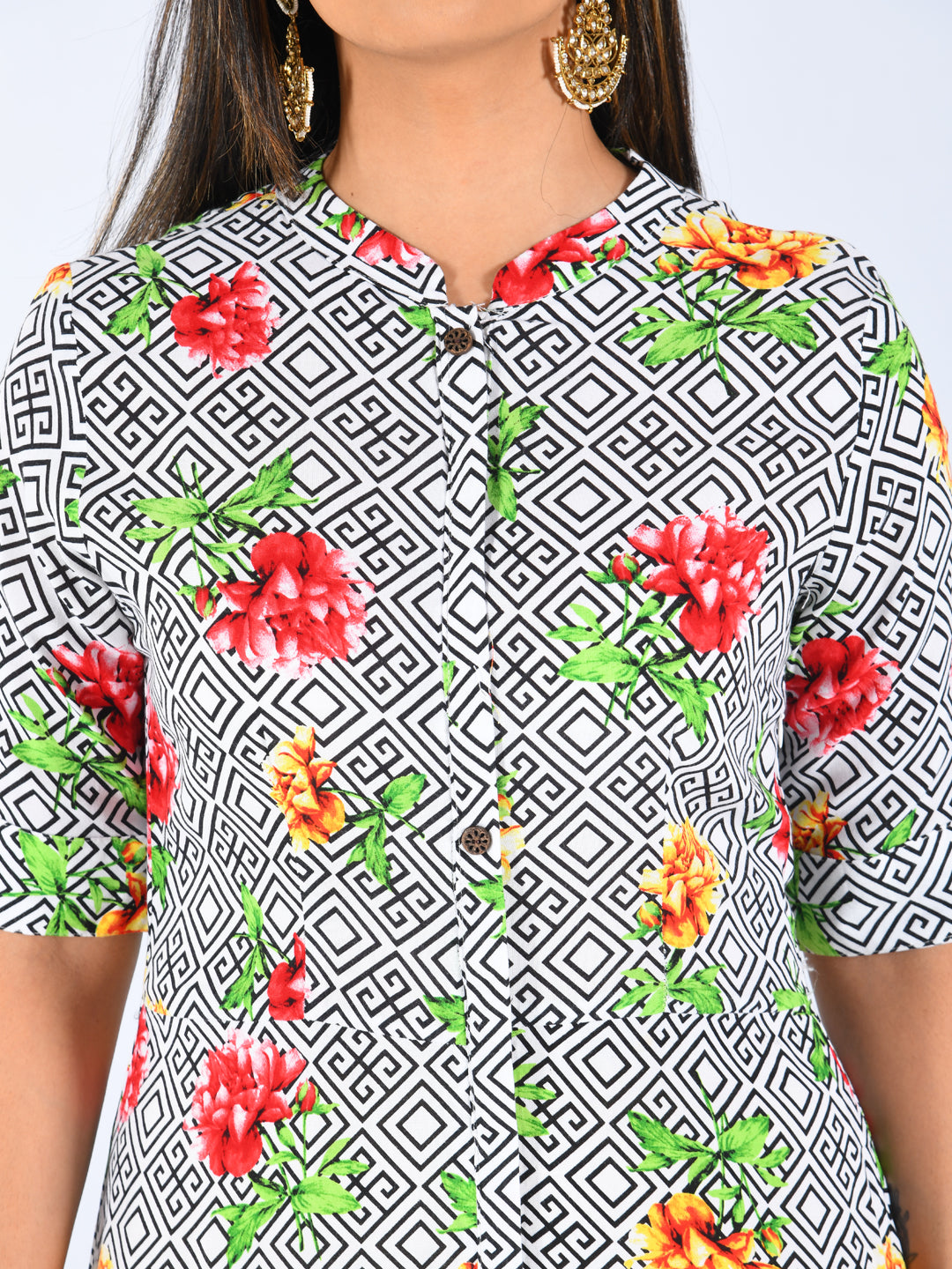 Neerus White modal printed A-line kurti - detail view 1