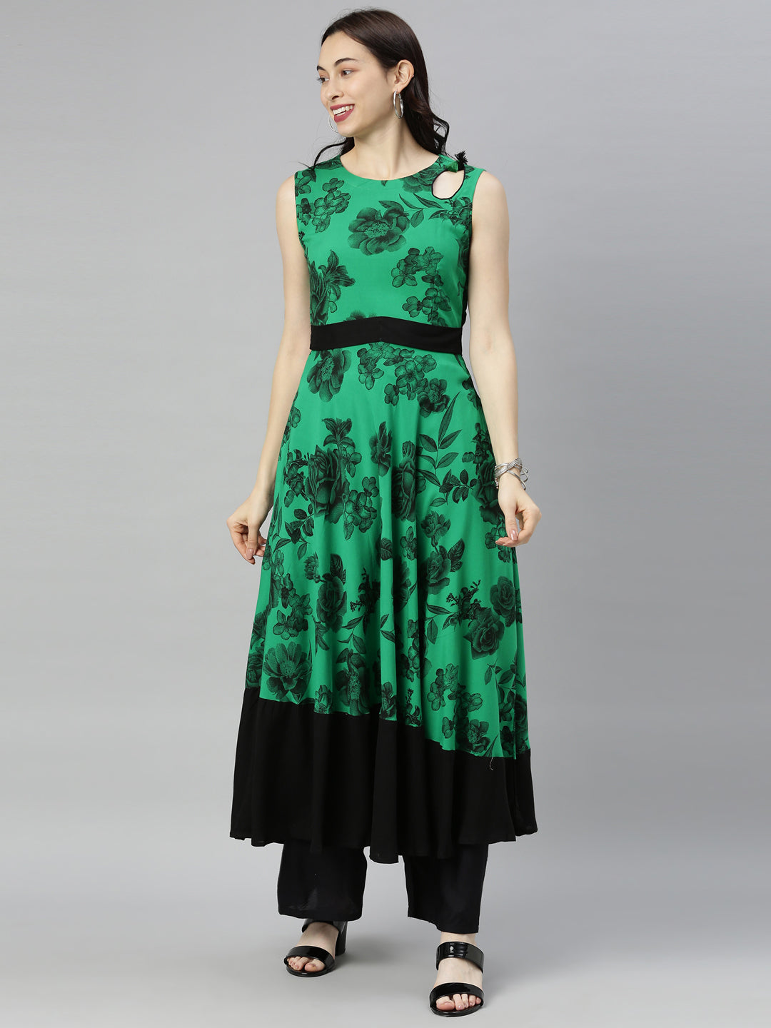 Neerus Green viscose rayon printed A-Line kurta - front view