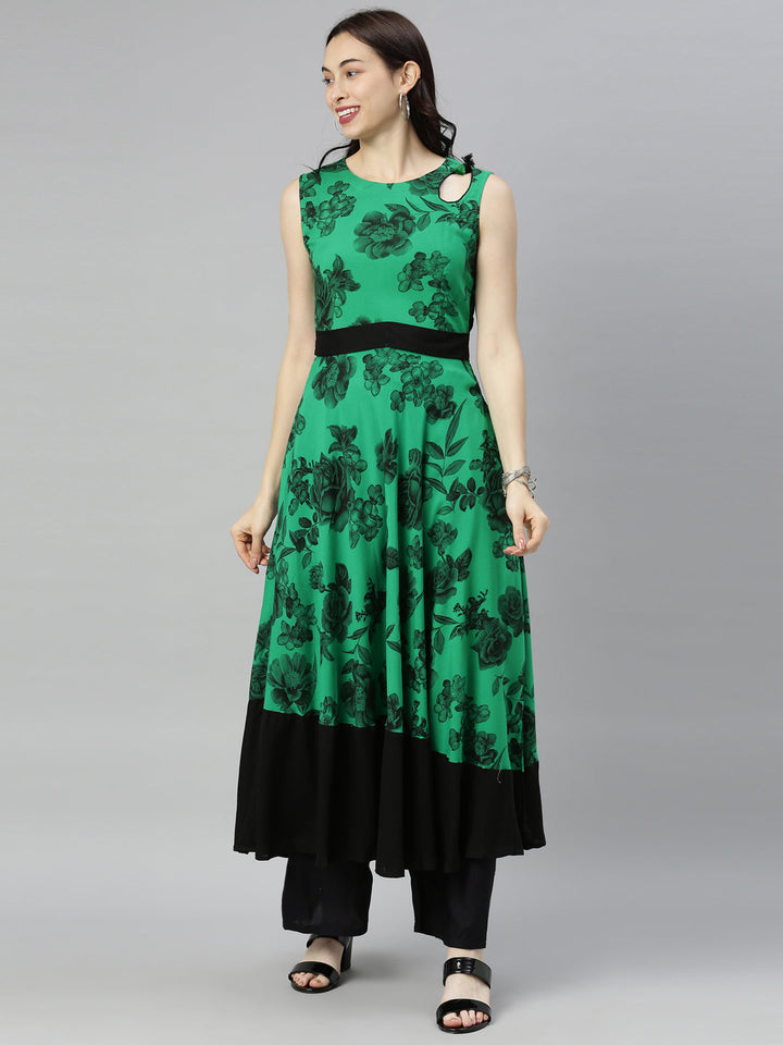 Neerus Green viscose rayon printed A-Line kurta - front view