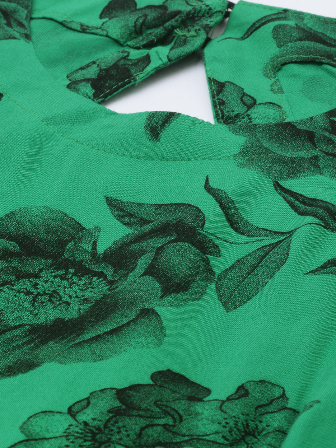 Neerus Green viscose rayon printed A-Line kurta - detail view 1