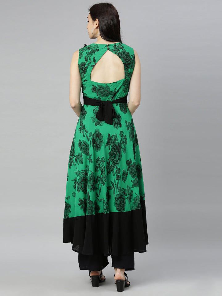 Neerus Green viscose rayon printed A-Line kurta - detail view 4