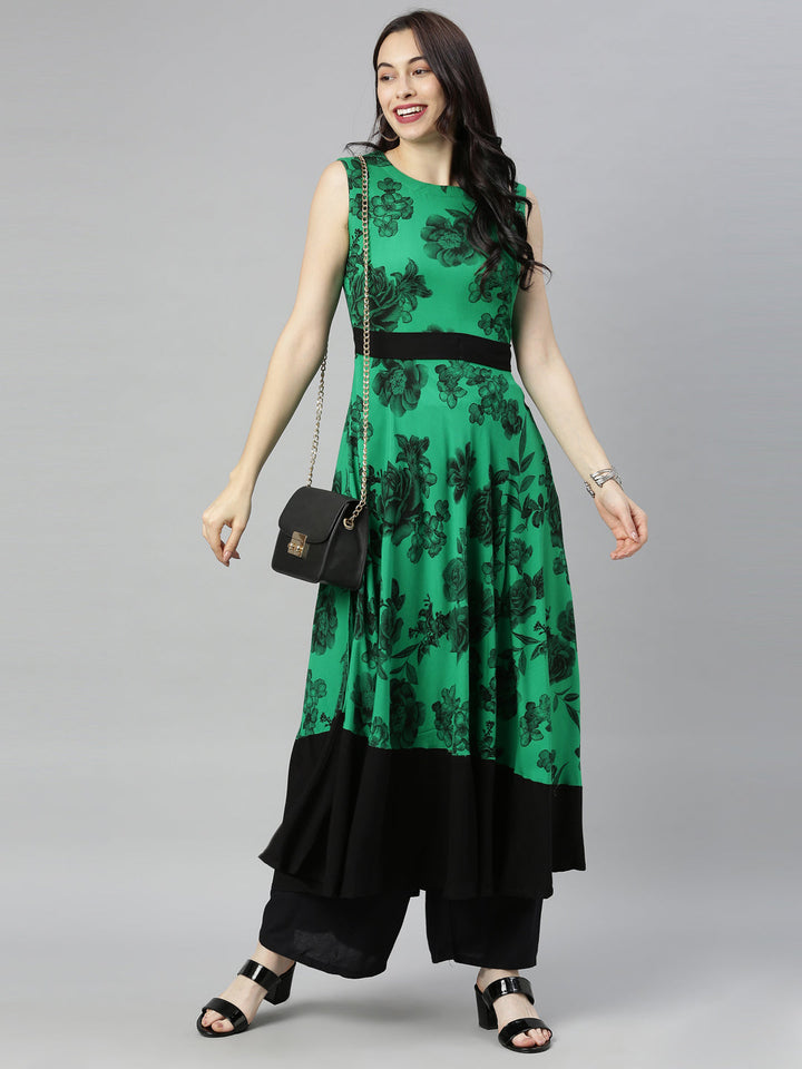 Neerus Green viscose rayon printed A-Line kurta - detail view 5