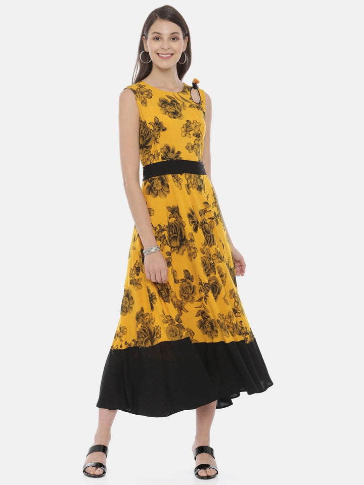 Neerus Yellow viscose rayon printed anarkali kurta - front view