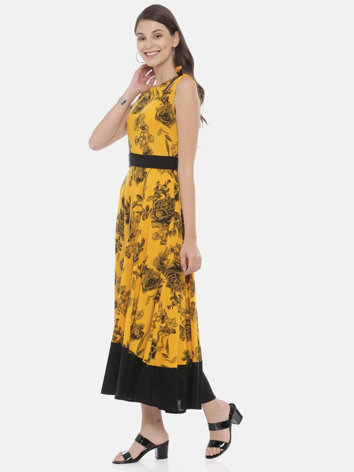 Neerus Yellow viscose rayon printed anarkali kurta - side view