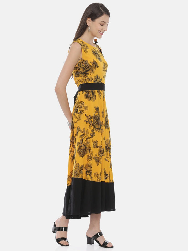 Neerus Yellow viscose rayon printed anarkali kurta - detail view 1