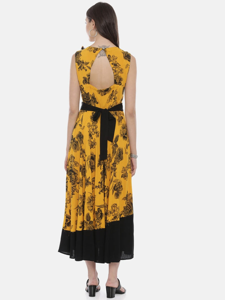 Neerus Yellow viscose rayon printed anarkali kurta - detail view 2