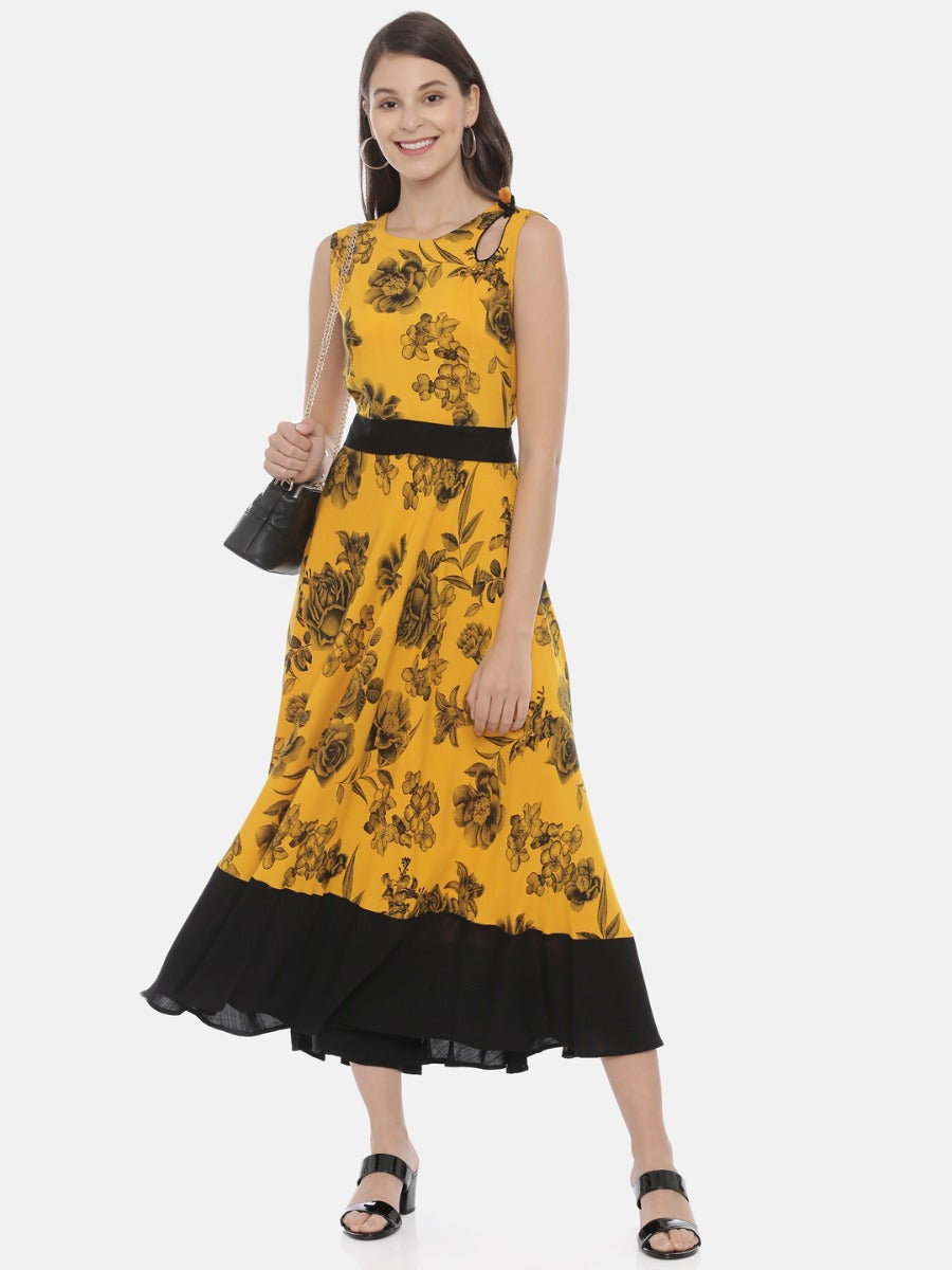 Neerus Yellow viscose rayon printed anarkali kurta - detail view 3