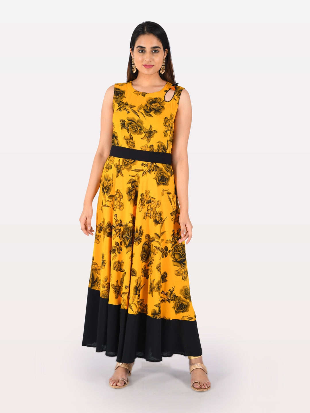 Neerus Yellow viscose rayon printed anarkali kurta - detail view 4