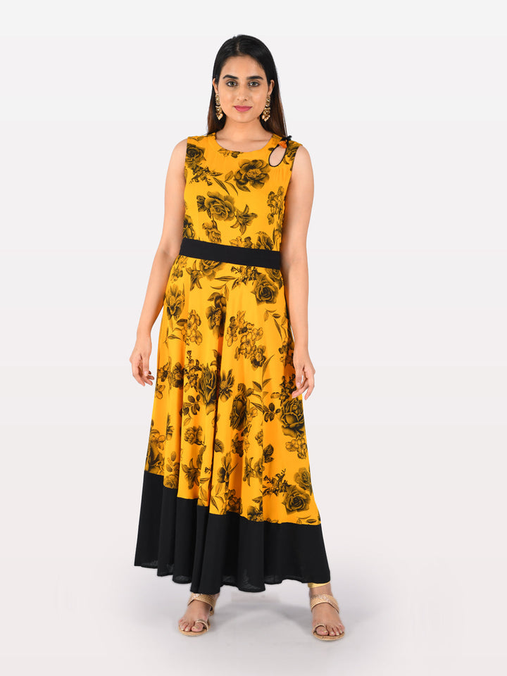 Neerus Yellow viscose rayon printed anarkali kurta - detail view 4