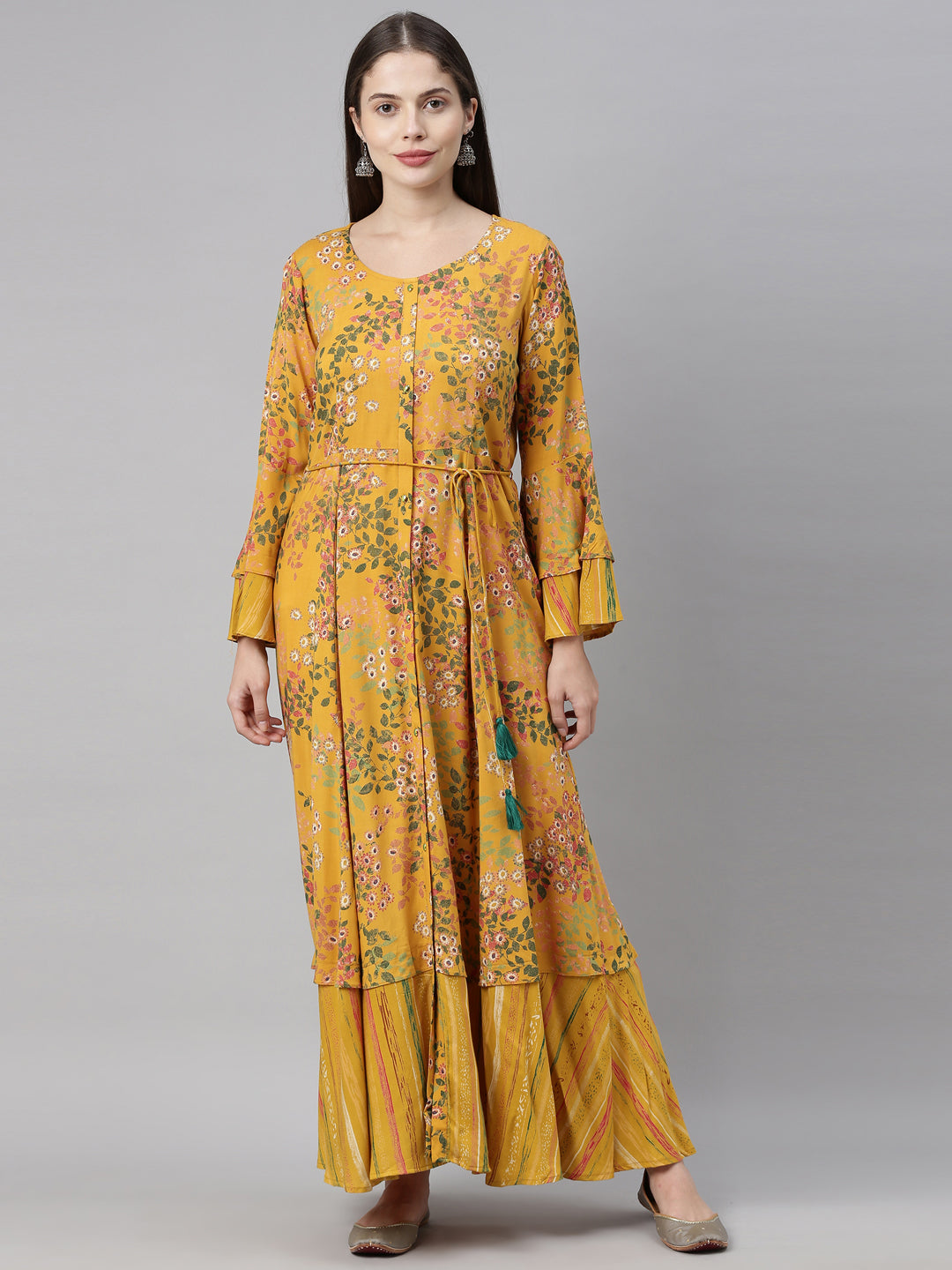 Neerus Yellow printed A-line kurti - front view