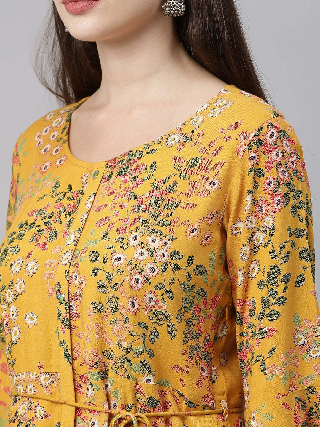Neerus Yellow printed A-line kurti - back view