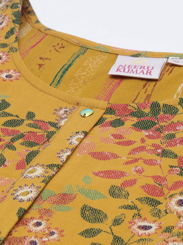 Neerus Yellow printed A-line kurti - detail view 5