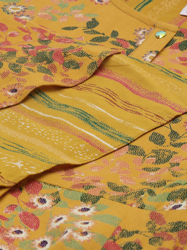 Neerus Yellow printed A-line kurti - detail view 4