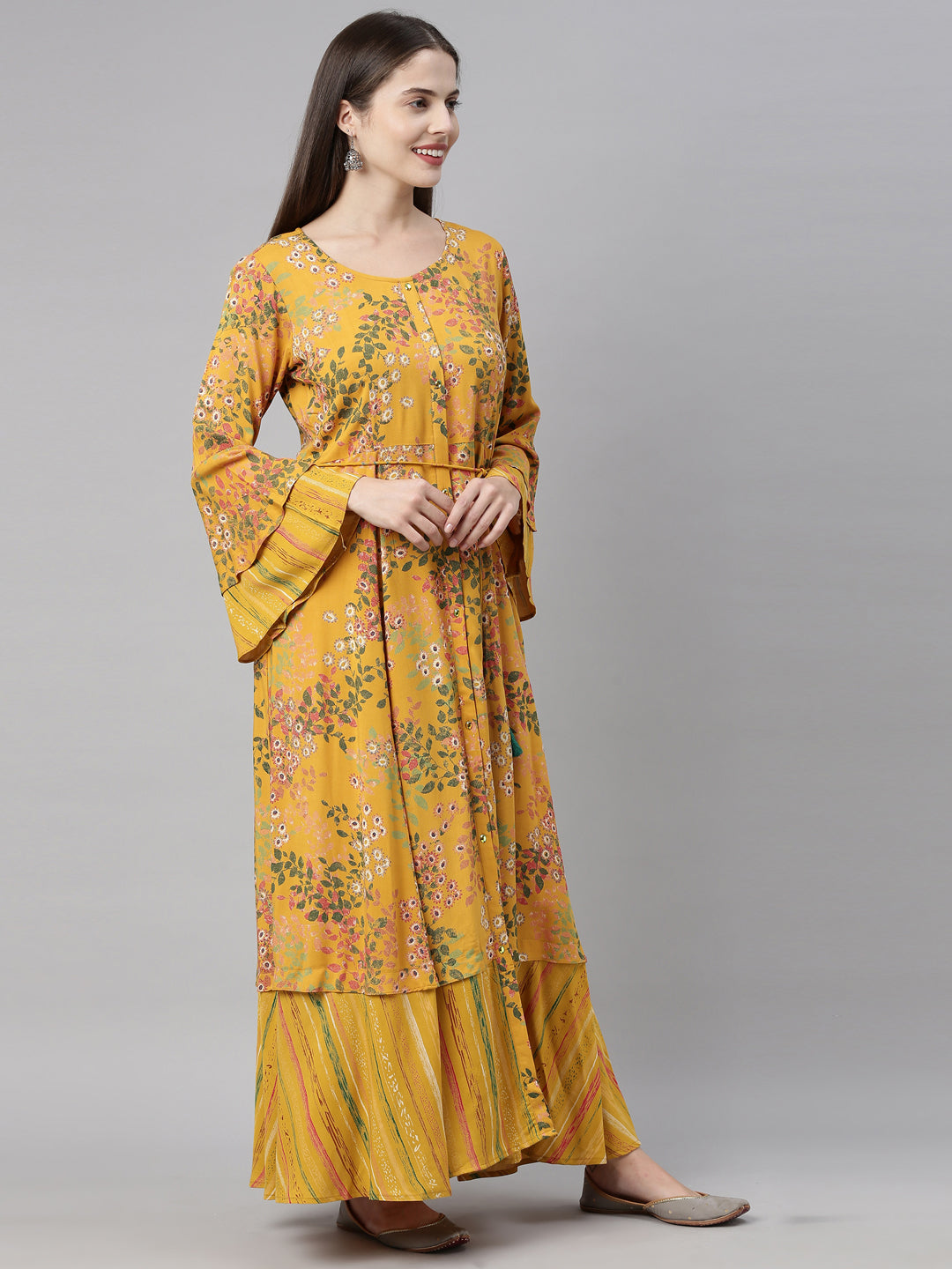 Neerus Yellow printed A-line kurti - detail view 1