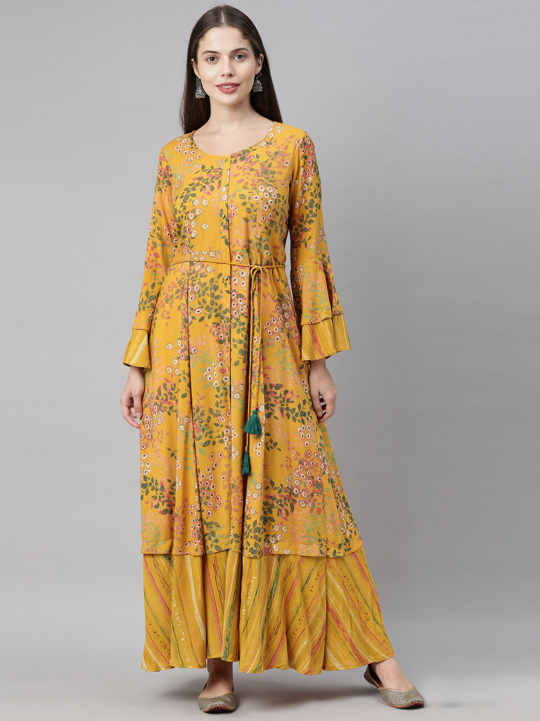 Neerus Yellow printed A-line kurti - detail view 3