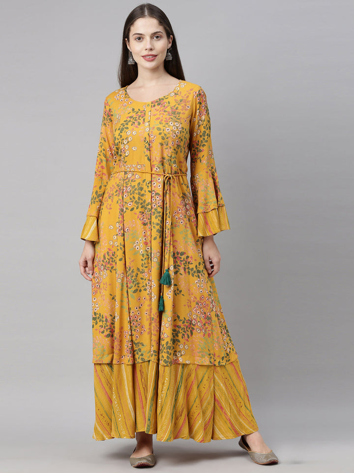 Neerus Yellow printed A-line kurti - detail view 3