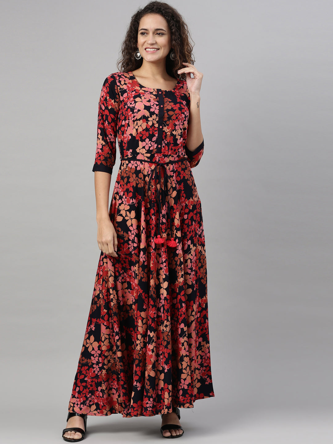Neerus Orange rayon printed A-Line kurta - detail view 4