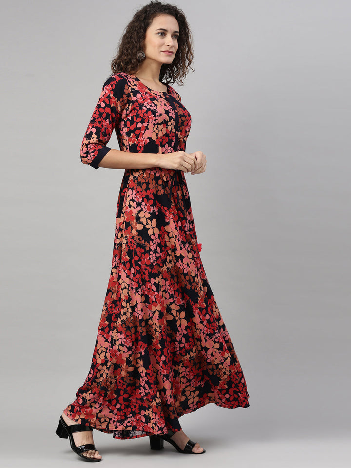 Neerus Orange rayon printed A-Line kurta - front view