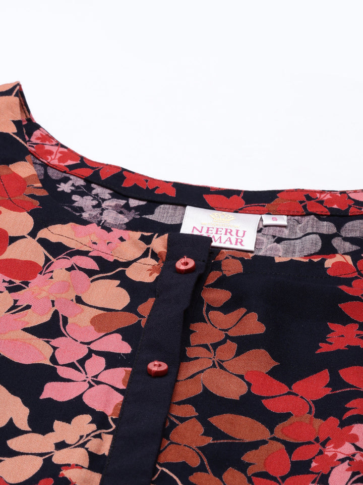 Neerus Orange rayon printed A-Line kurta - detail view 2