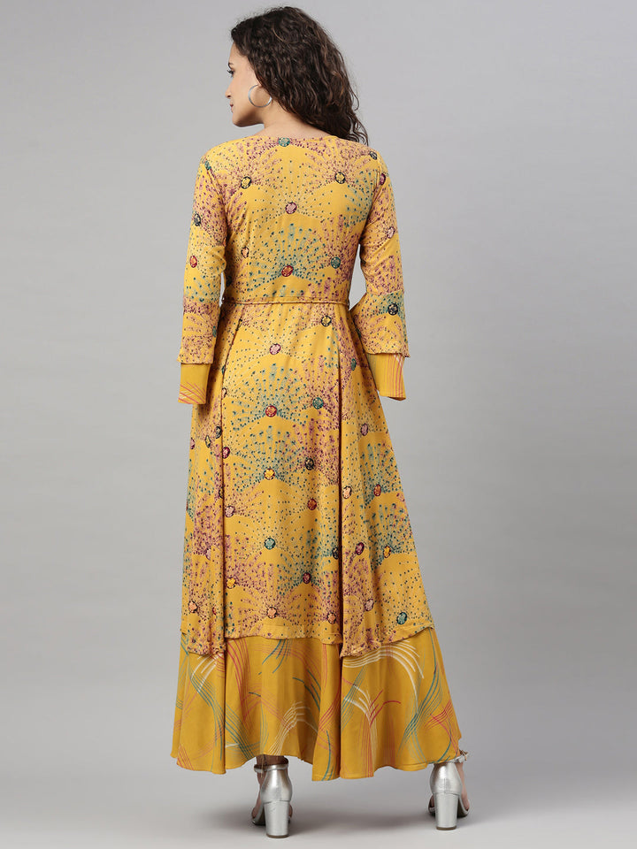 Neerus Yellow rayon printed kurta - back view
