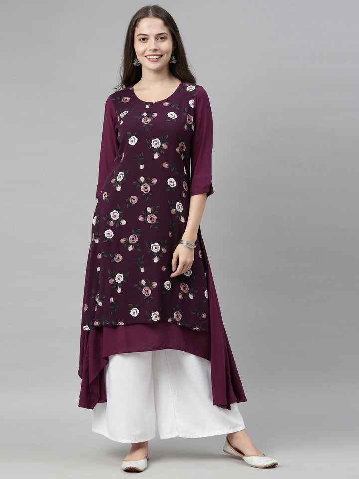 Neerus Purple rayon straight kurti - front view