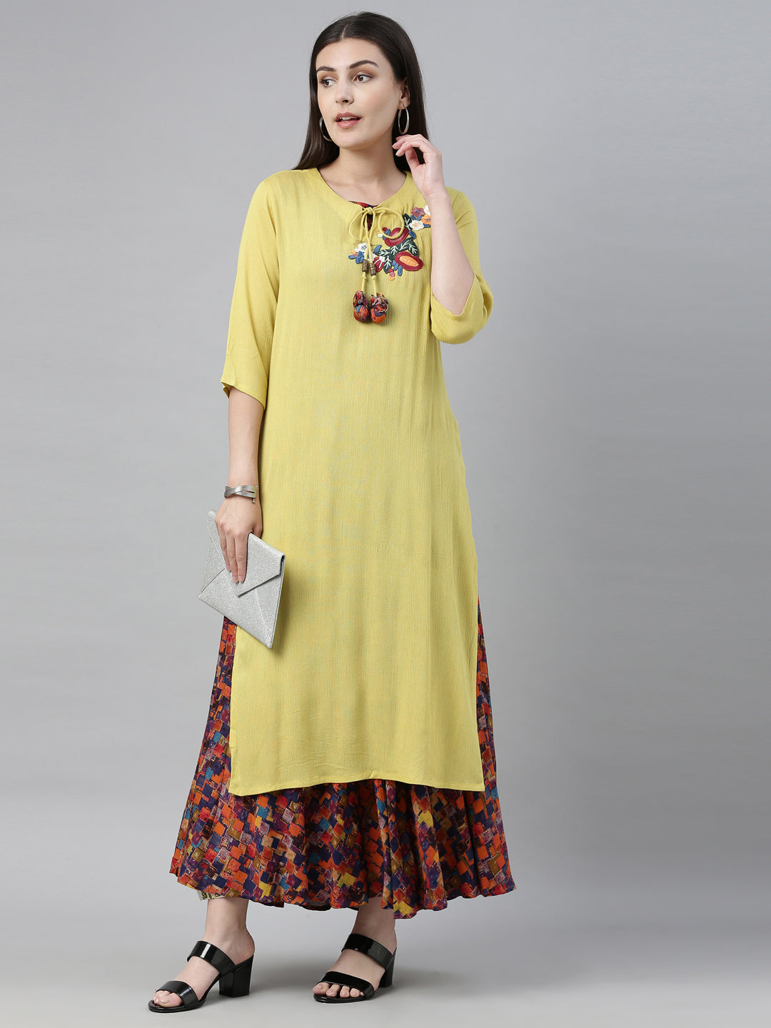 Neerus Yellow embroidered straight kurta - front view