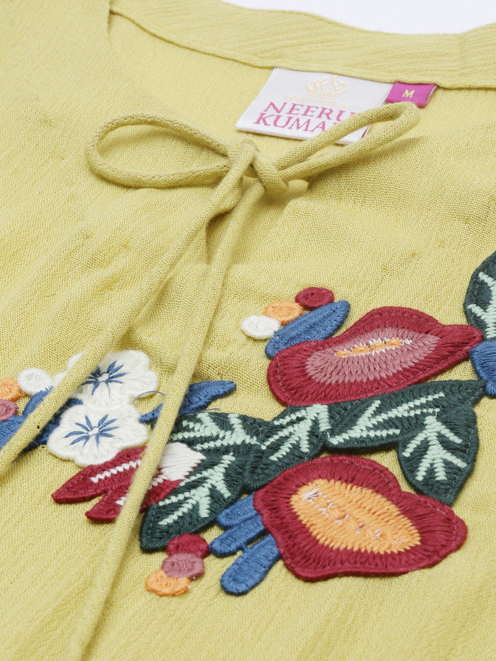 Neerus Yellow embroidered straight kurta - detail view 1