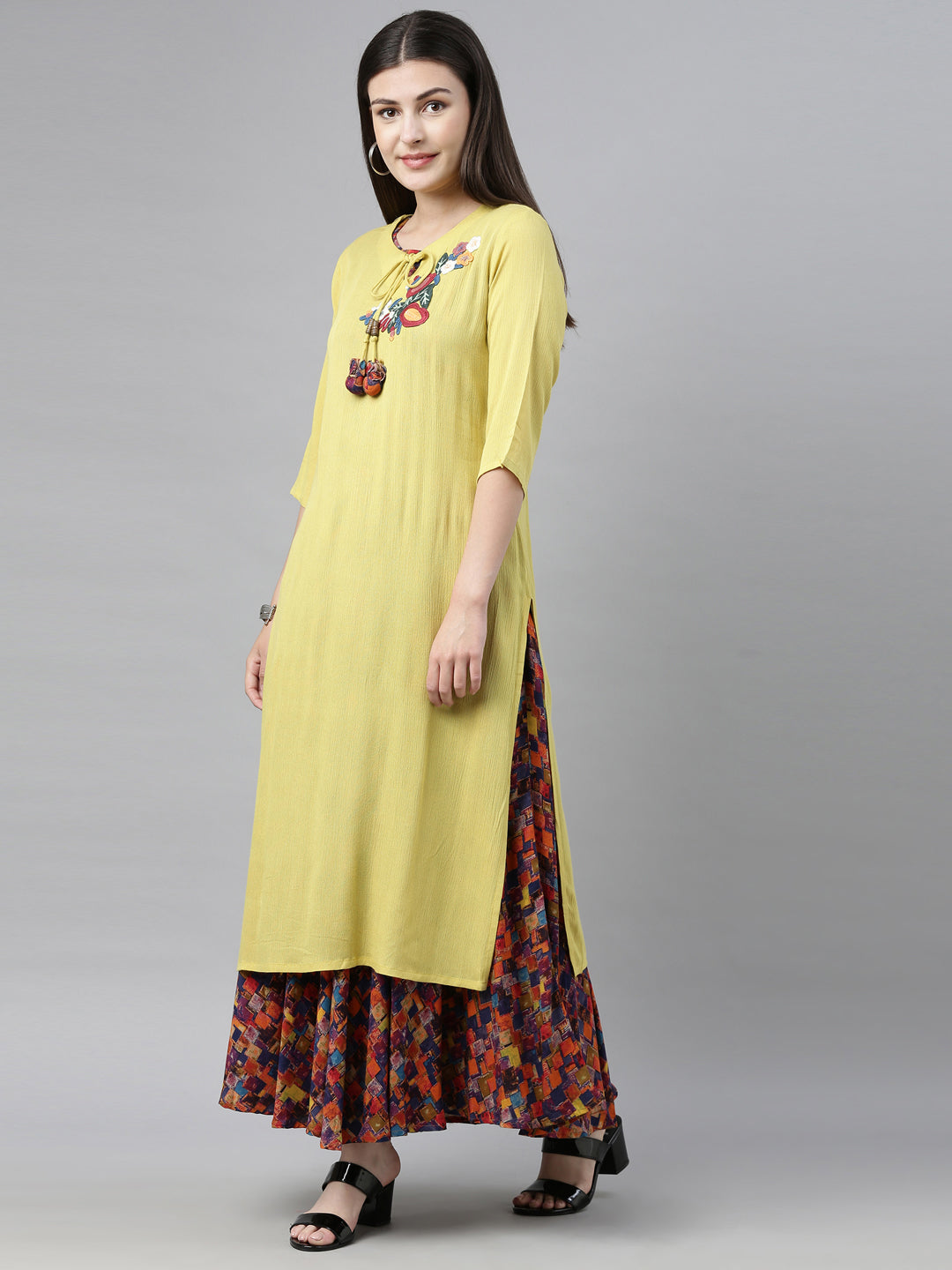Neerus Yellow embroidered straight kurta - detail view 5