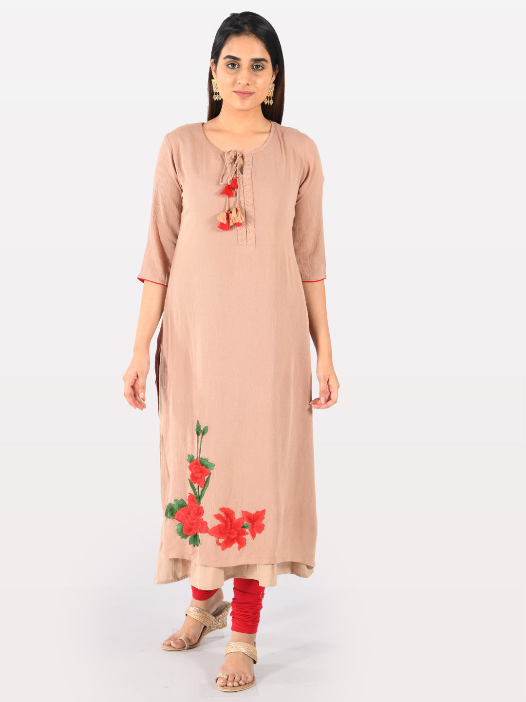 Neerus Beige chiffon kurta double shirt style - front view
