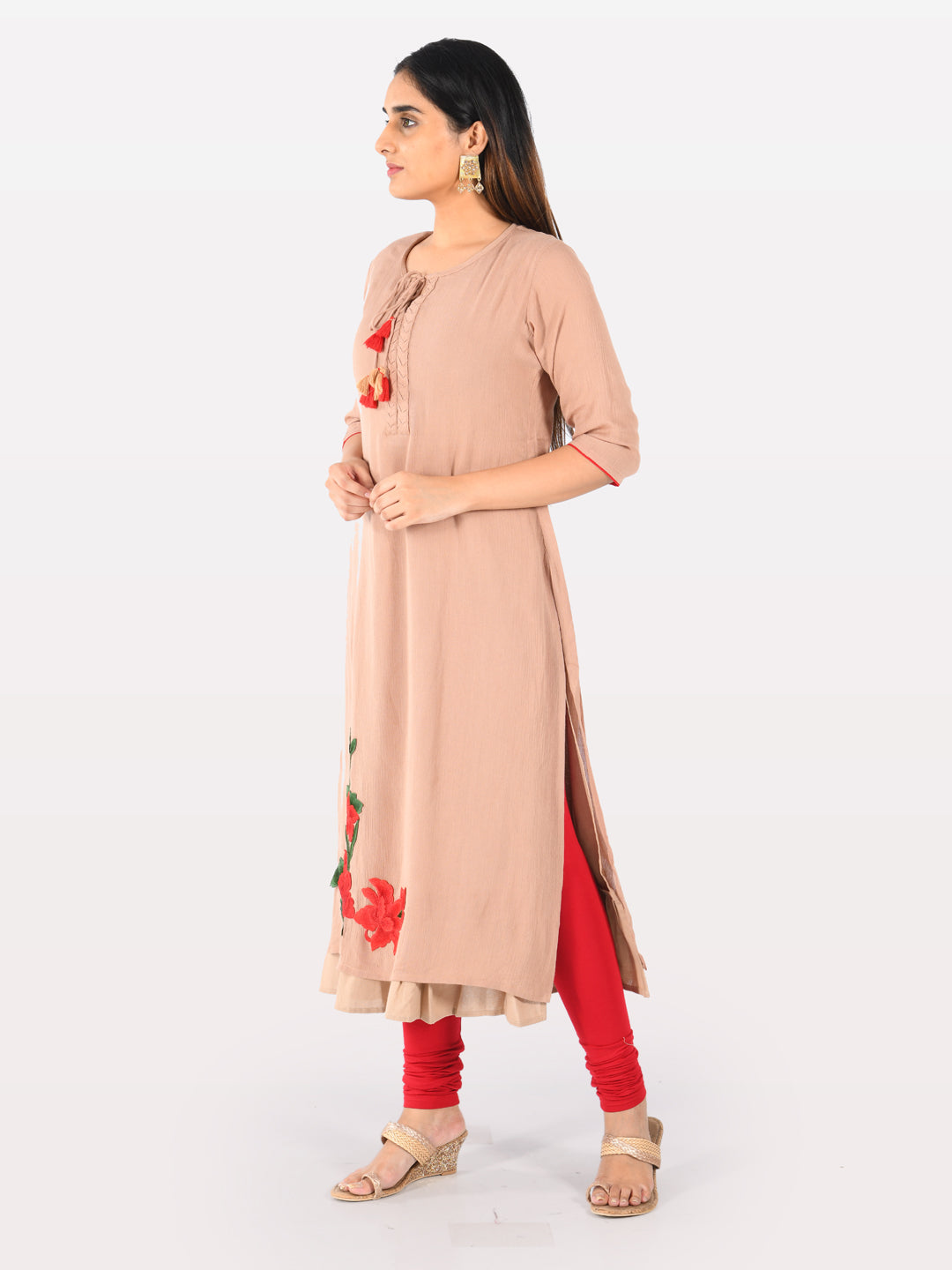 Neerus Beige chiffon kurta double shirt style - back view