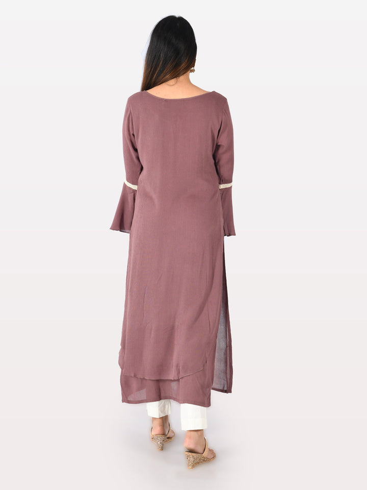Neerus Purple printed straight double layered kurta - detail view 1