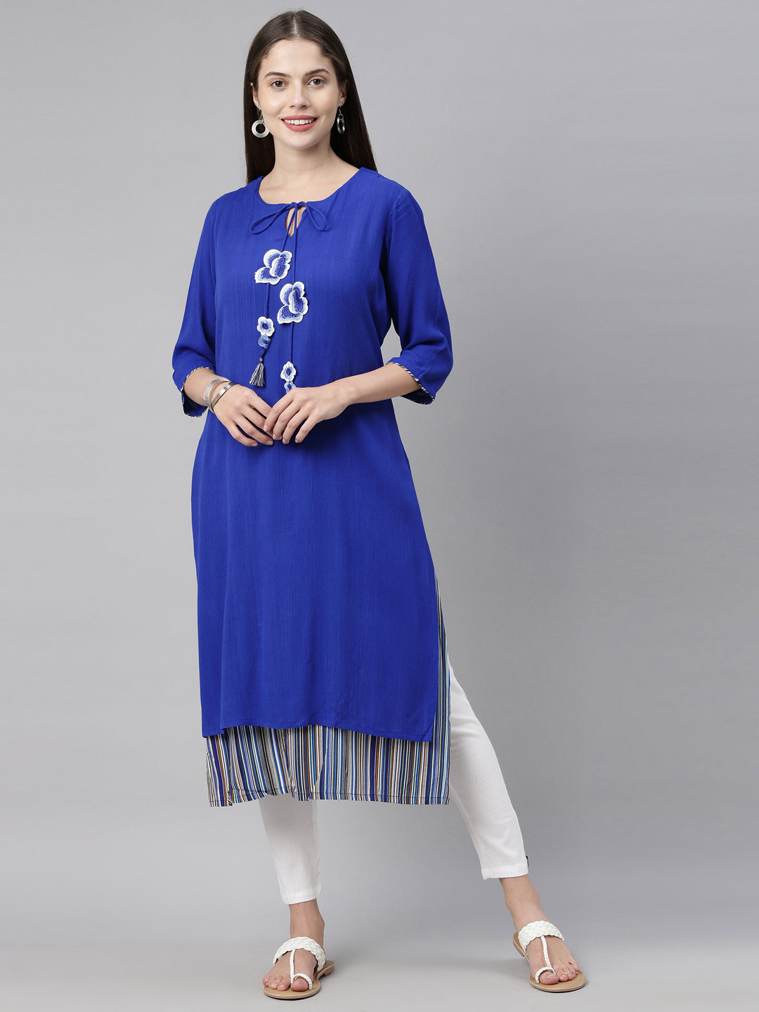 Neerus Blue chiffon straight kurti - front view